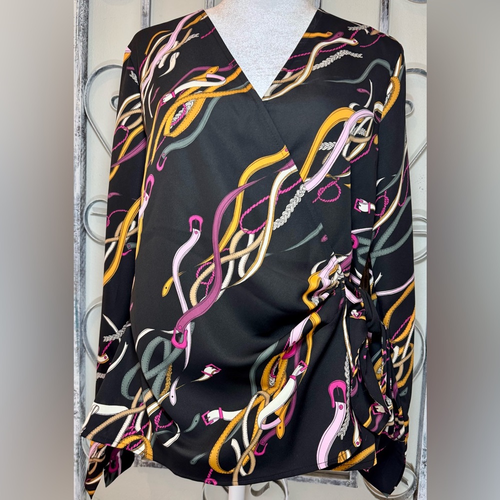 Nine West Wrap blouse with multicolored ribbon pattern #1074